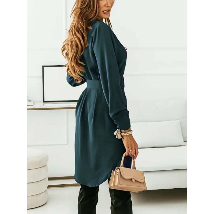 Kadın Uzun Kollu Yakalı Belden Kemerli Kıs Ithal Krep Elbise