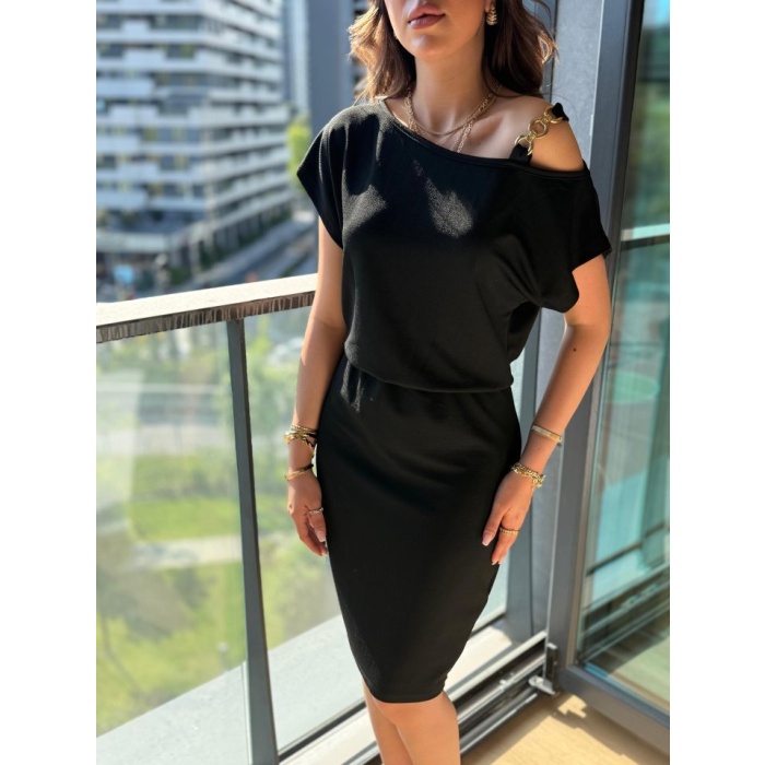 Kadın Kısa Kollu Tek Omuz Askı Ve Aksesuar Detay Beli Lastikli Krep Elbise