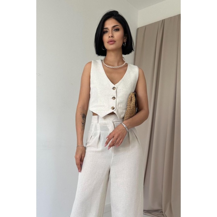 Bej Önü Düğmeli Yelek Ve Pantolon Takım
