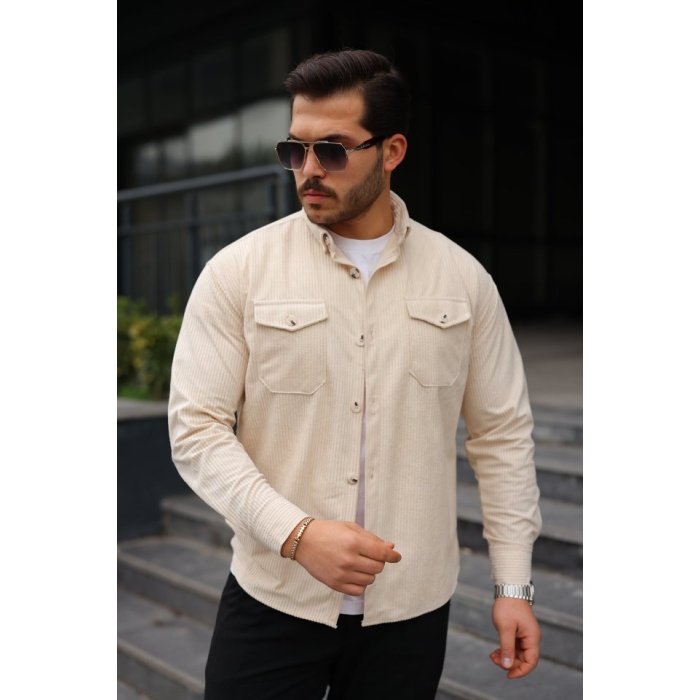 Erkek Uzun Kollu Cepli Kadife Gömlek