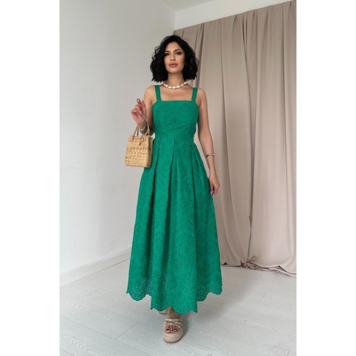 Yeşil Askılı Aparatlı Brode Elbise