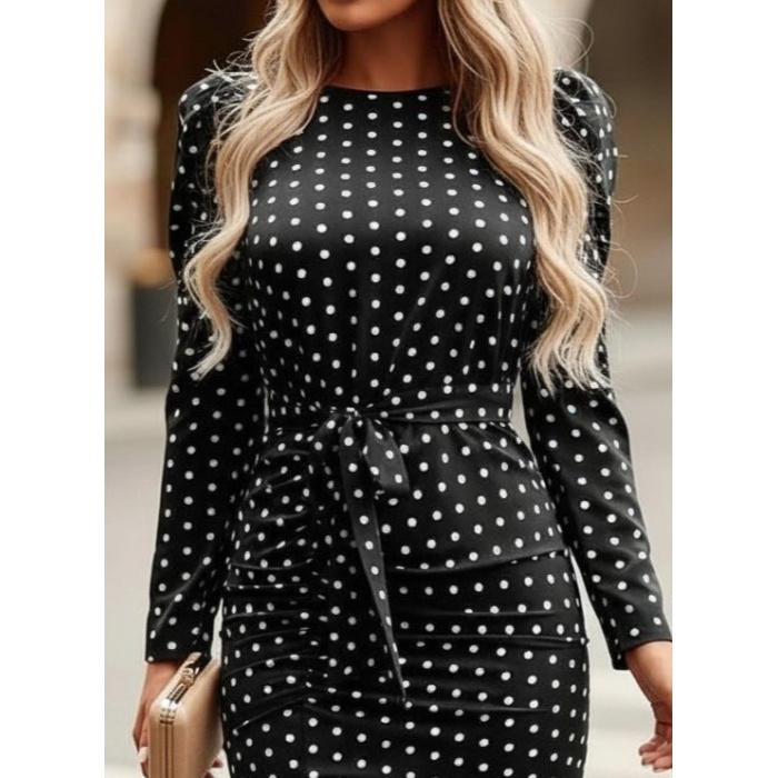 Kadın Uzun Kollu Yuvarlak Yaka Belden Kuşaklı önden Yırtmaçlı örme Krep Elbise