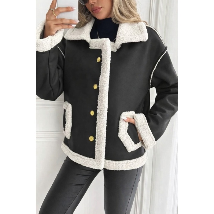 Kadın Uzun Kollu Yakalı önden Düğmeli Cep Detaylı Süet Ceket