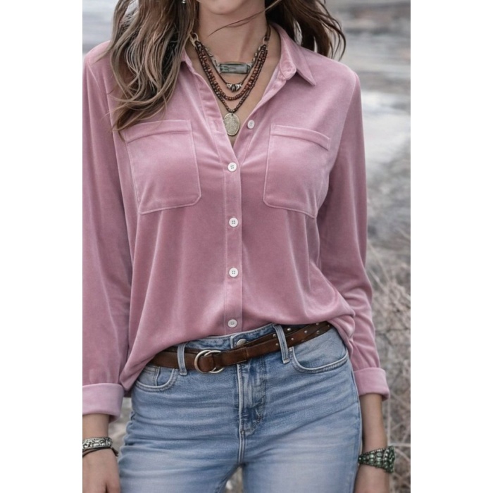 Kadın Uzun Kollu Yakalı önden Düğmeli Cep Detaylı Kadife Gömlek
