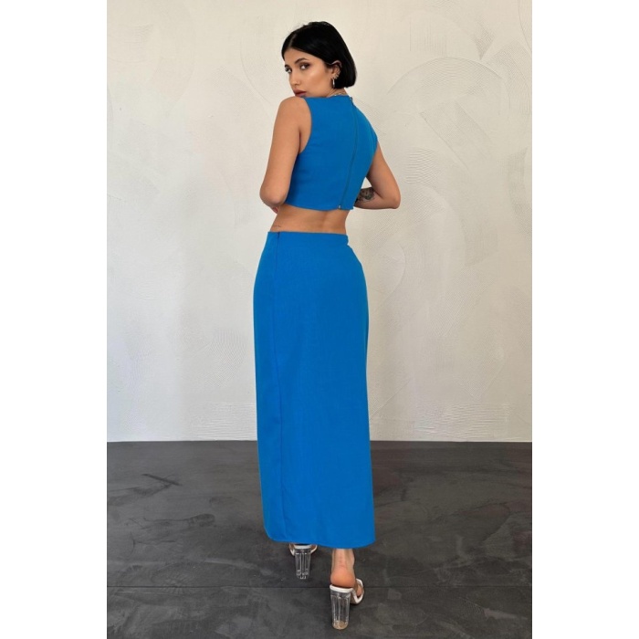 Turkuaz Kuşaklı Crop Ve Etek Takım