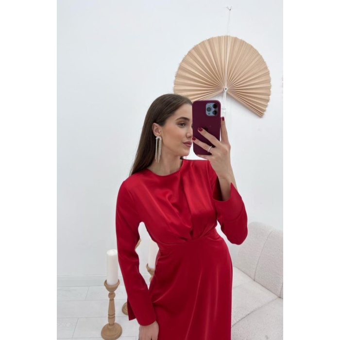 Kırmızı Saten Uzun Elbise