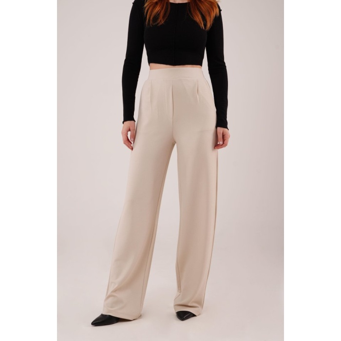 Yüksek Bel Bol Paça Krep Krem Pantolon