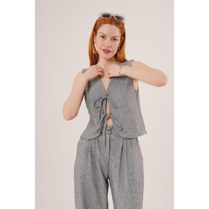 Ön Bağlama Detaylı Yelek Ve Pantolon Antrasit İkili Takım