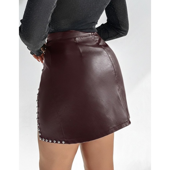 Kadın Yüksek Belli Yandan çivili Mini Deri Etek