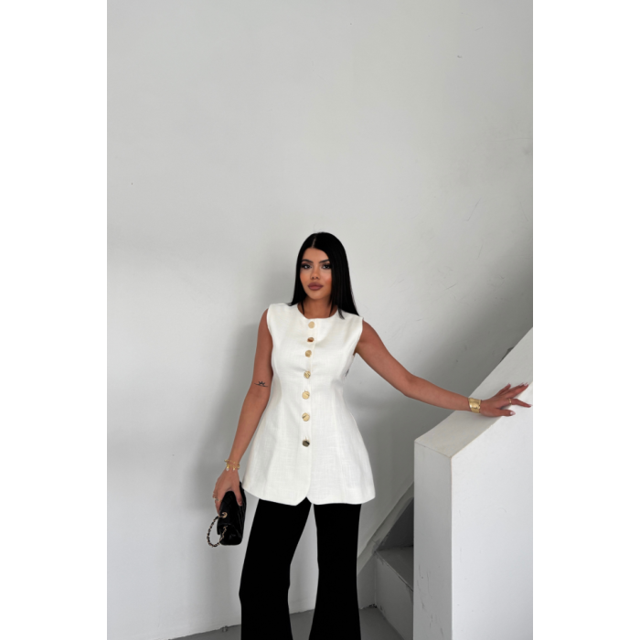 KETEN YELEK BELDEN OTURTMALISIRALI DÜĞME DETAYLI - Beyaz