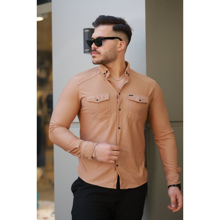 Erkek çift Cepli çıtçıt Düğmeli Uzun Kollu Gömlek
