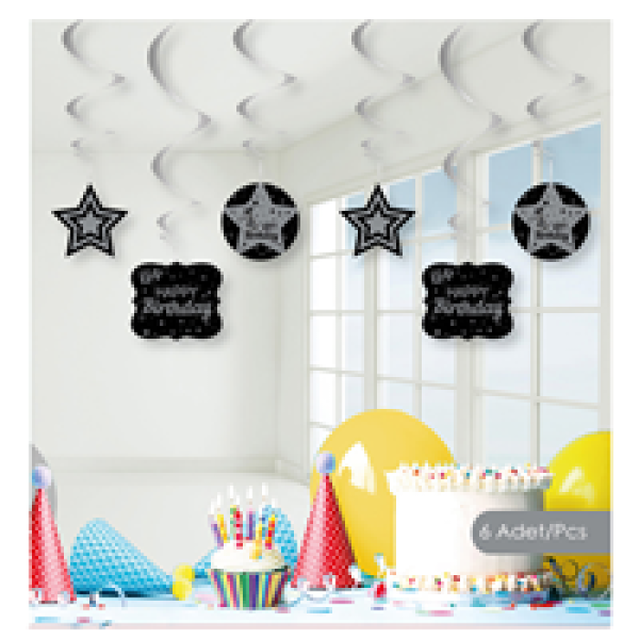 SW15 Happy Birthday Gümüş Siyah Sarkıt Süs 6lı