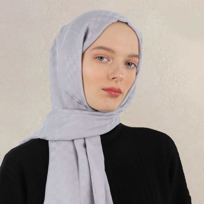 Küçük Dama Desen Pamuk Jakar Şal - Açık Gri