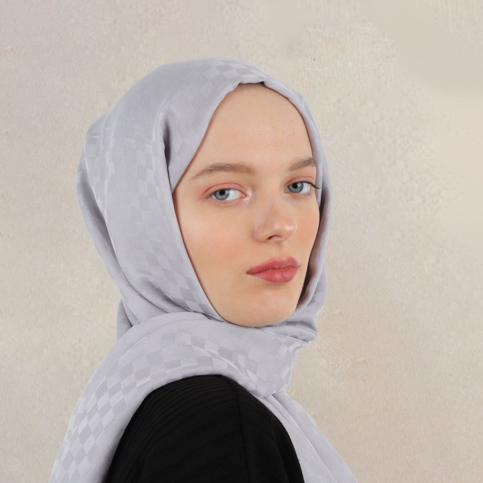 Küçük Dama Desen Pamuk Jakar Şal - Açık Gri