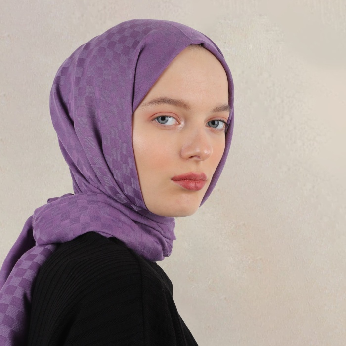 Küçük Dama Desen Pamuk Jakar Şal - Mor