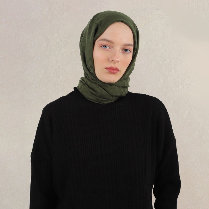 Küçük Dama Desen Pamuk Jakar Şal - Çimen Yeşili