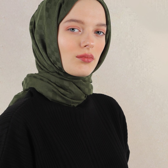 Küçük Dama Desen Pamuk Jakar Şal - Çimen Yeşili