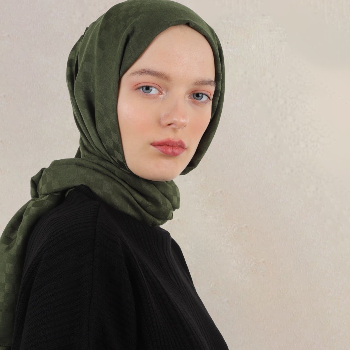 Küçük Dama Desen Pamuk Jakar Şal - Çimen Yeşili