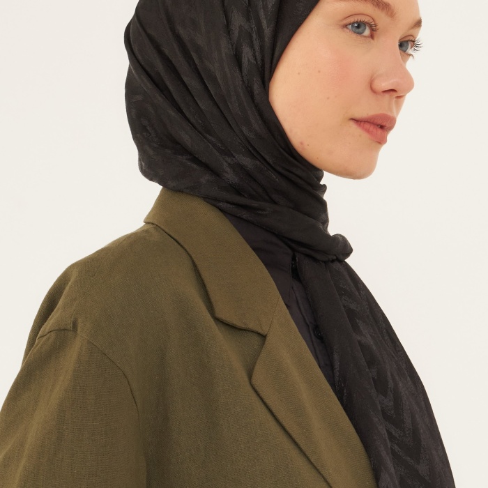 Zikzak Desen Parlak Jakar Şal - Siyah