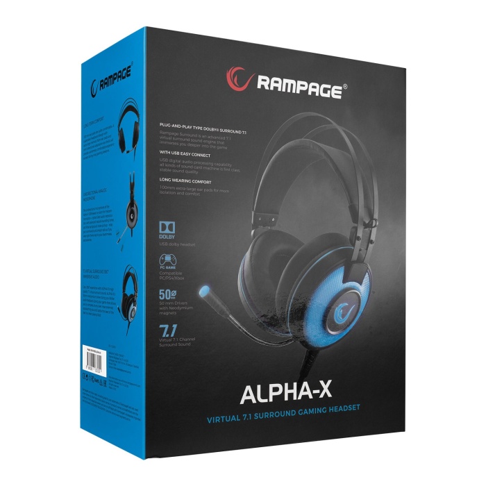 RAMPAGE SN-RW66 Alpha-X Mavi 7.1 Surround Sound System Mikrofonlu Oyuncu Kulaklığı