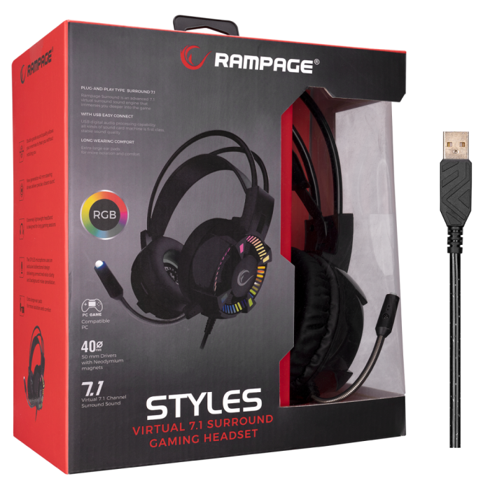 Rampage Styles Siyah Usb 7.1 Rgb Ledli Gaming Oyuncu Mikrofonlu Kulaklık