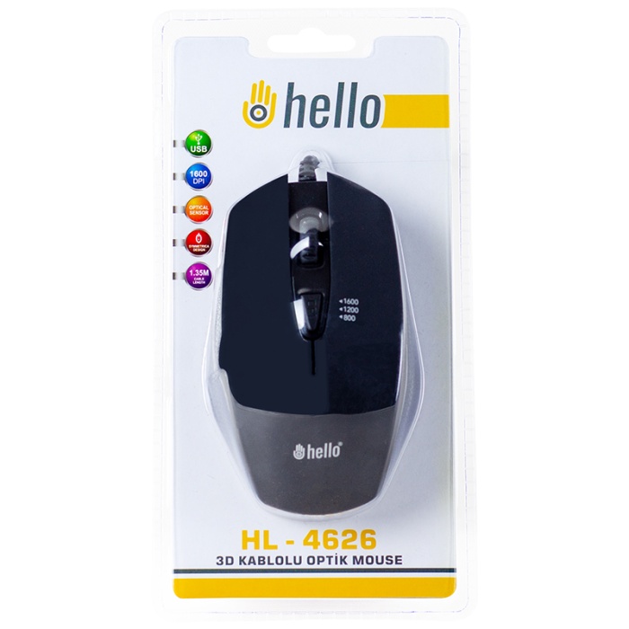 HELLO HL-4626 USB 1600 DPI 3D KABLOLU OPTİK GAMING MOUSE