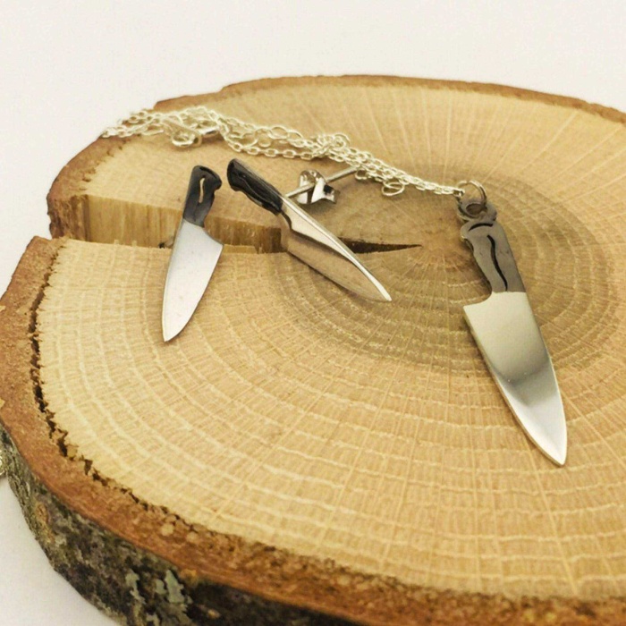Bıçak Kolye ve Küpe Gümüş Set (BG-SET-020)
