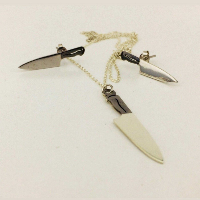 Bıçak Kolye ve Küpe Gümüş Set (BG-SET-020)