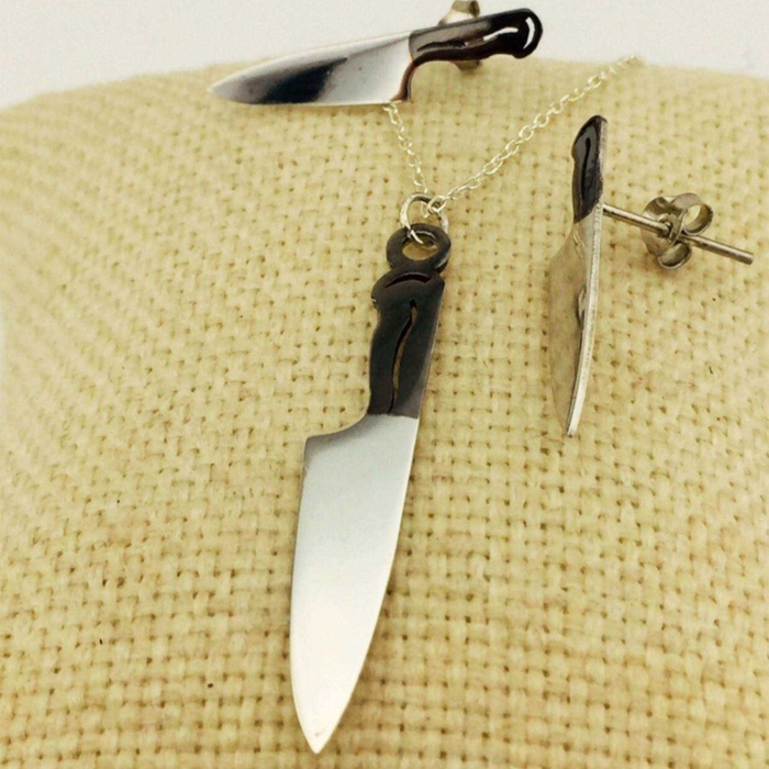 Bıçak Kolye ve Küpe Gümüş Set (BG-SET-020)