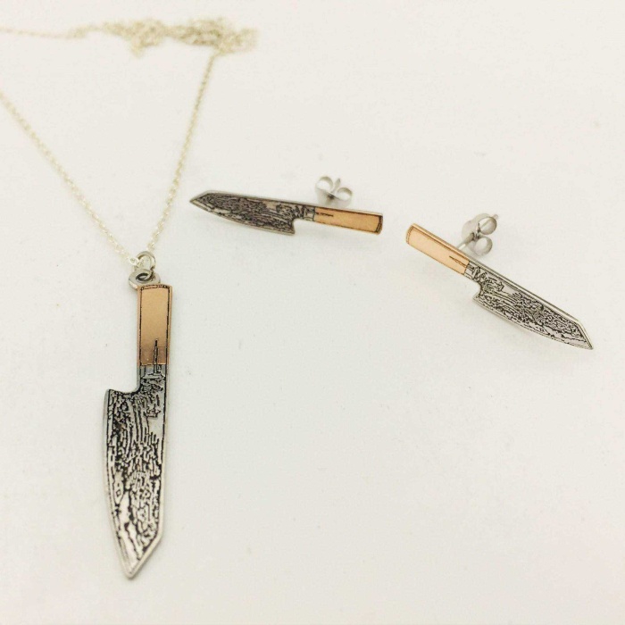 İşlemeli Bıçak Kolye ve Küpe Gümüş Set (BG-SET-019)