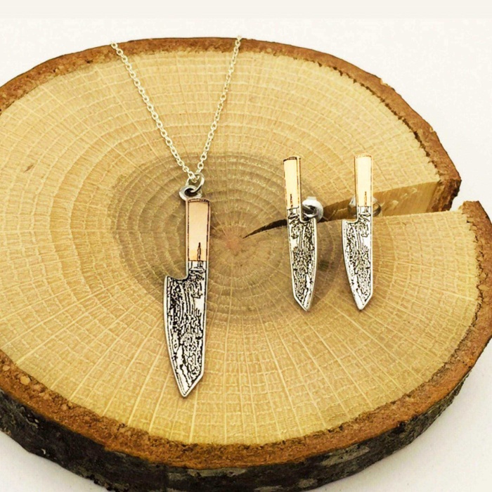 İşlemeli Bıçak Kolye ve Küpe Gümüş Set (BG-SET-019)