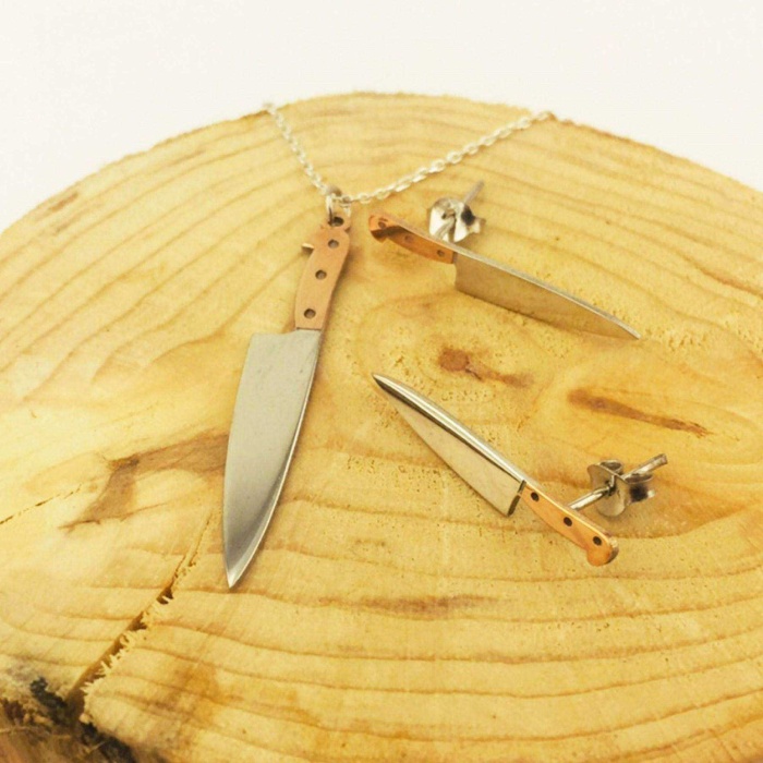 Bıçak Kolye ve Küpe Gümüş Set (BG-SET-017)