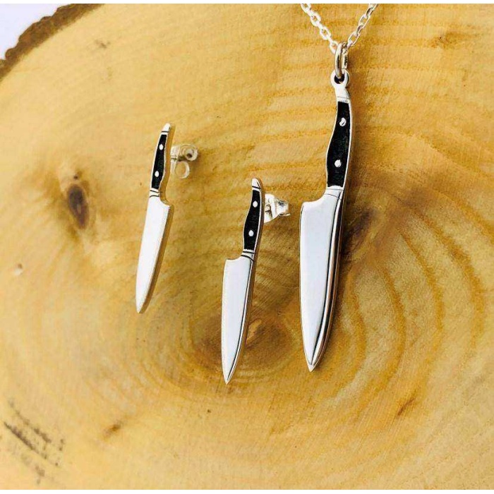 Gastronomi Temalı Bıçak Kolye ve Küpe Gümüş Set (BG-SET-015)