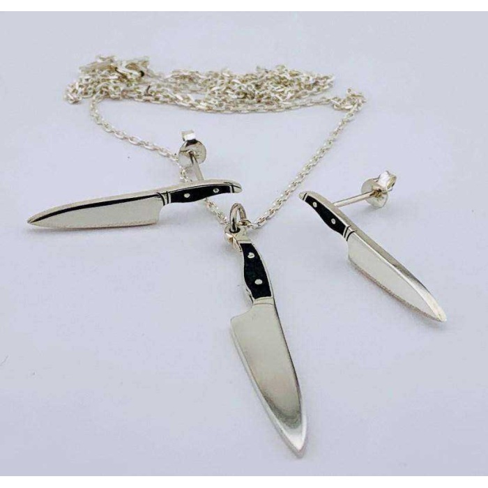 Gastronomi Temalı Bıçak Kolye ve Küpe Gümüş Set (BG-SET-015)