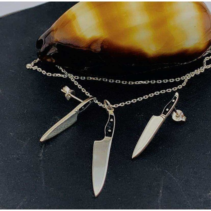 Gastronomi Temalı Bıçak Kolye ve Küpe Gümüş Set (BG-SET-015)