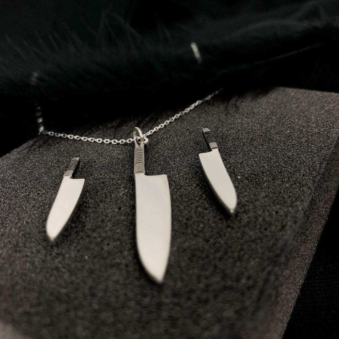 Bıçak Kolye ve Küpe Gümüş Set (BG-SET-014)