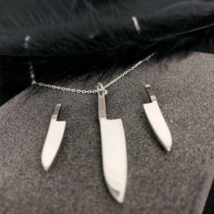 Bıçak Kolye ve Küpe Gümüş Set (BG-SET-014)