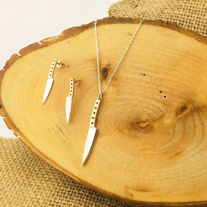 Bıçak Kolye ve Küpe Gümüş Set (BG-SET-013)