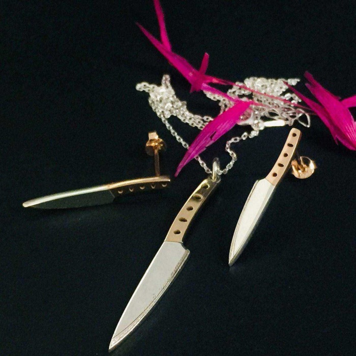 Bıçak Kolye ve Küpe Gümüş Set (BG-SET-013)