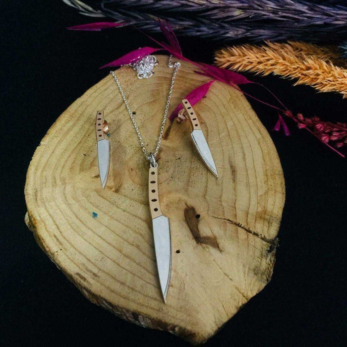 Bıçak Kolye ve Küpe Gümüş Set (BG-SET-013)