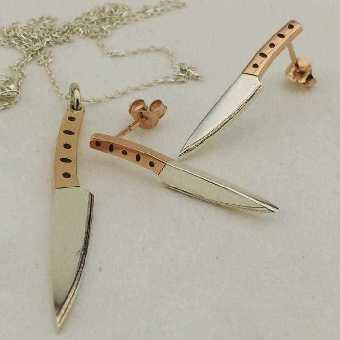 Bıçak Kolye ve Küpe Gümüş Set (BG-SET-013)