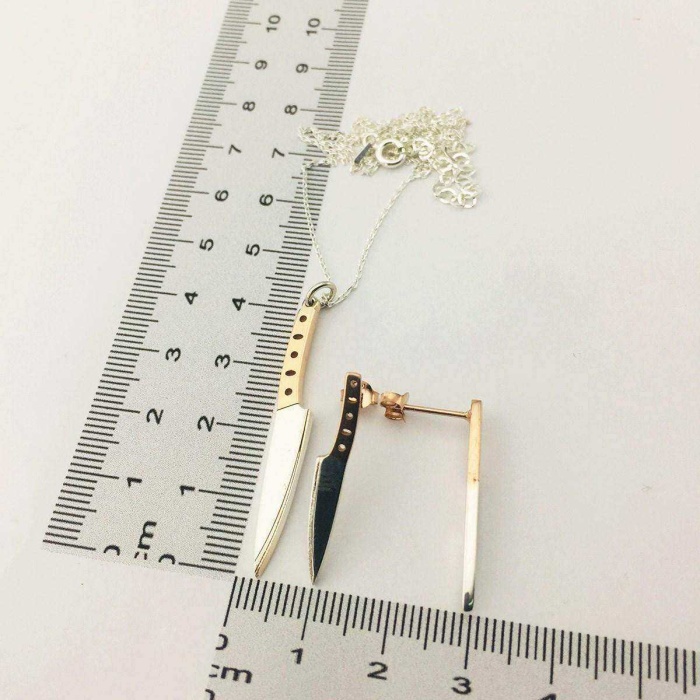Bıçak Kolye ve Küpe Gümüş Set (BG-SET-013)