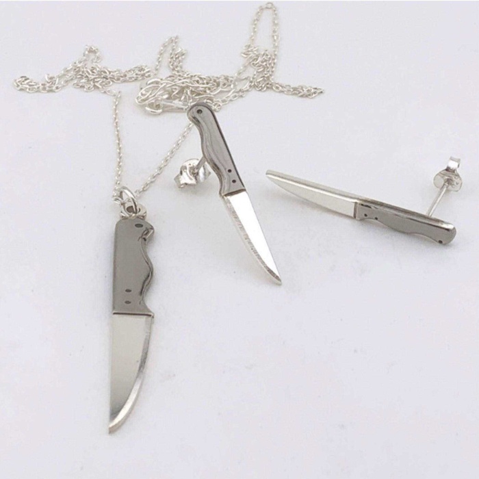 Bıçak Kolye ve Küpe Gümüş Set (BG-SET-009)