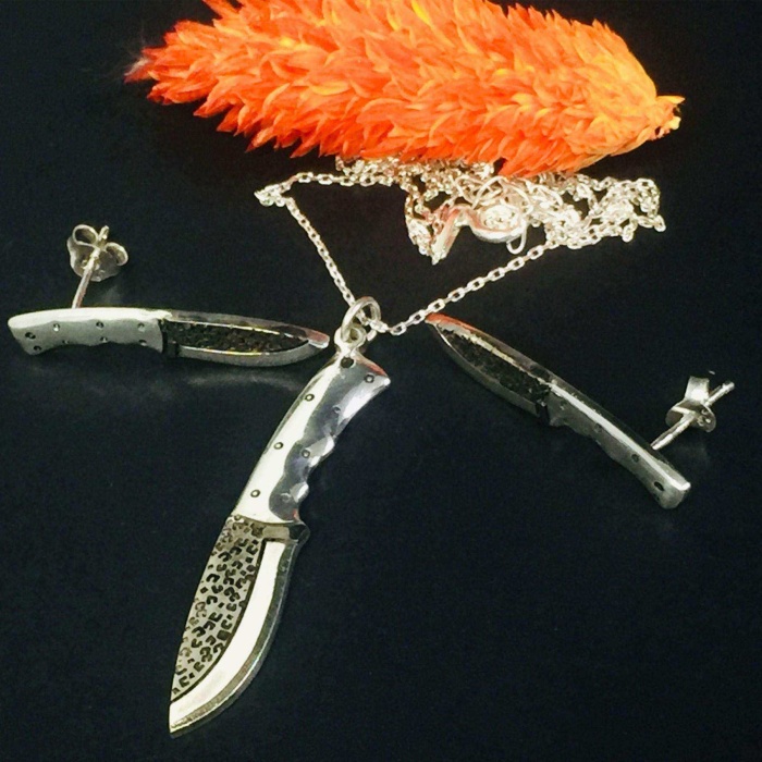 Av Bıçağı Kolye ve Küpe Gümüş Set (BG-SET-007)
