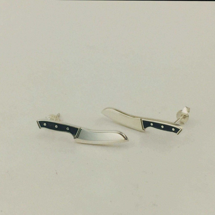 Gümüş Bıçak Küpe | 0,5cm x 2,8cm | Siyah-Gümüş (BG-KP-097)