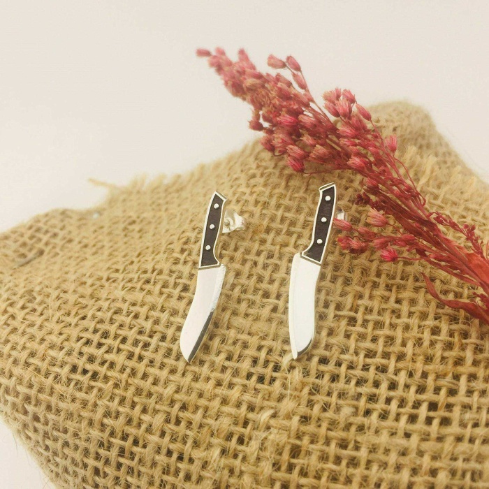 Gümüş Bıçak Küpe | 0,5cm x 2,8cm | Siyah-Gümüş (BG-KP-097)
