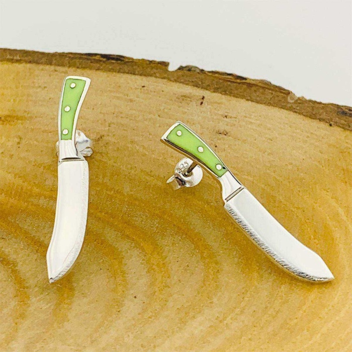 Özel Neon Yeşili Mineli Karanlıkta Parlayan Gümüş Bıçak Kolye ve Küpe Seti (BG-SET-045)