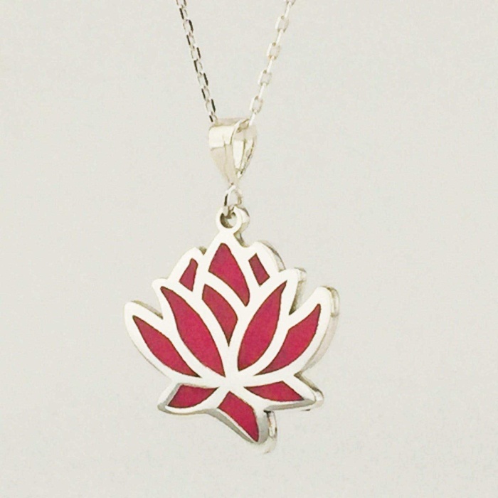 Renkli Mineli Lotus Çiçeği Desenli Gümüş Kolye (BG-KLY-079)