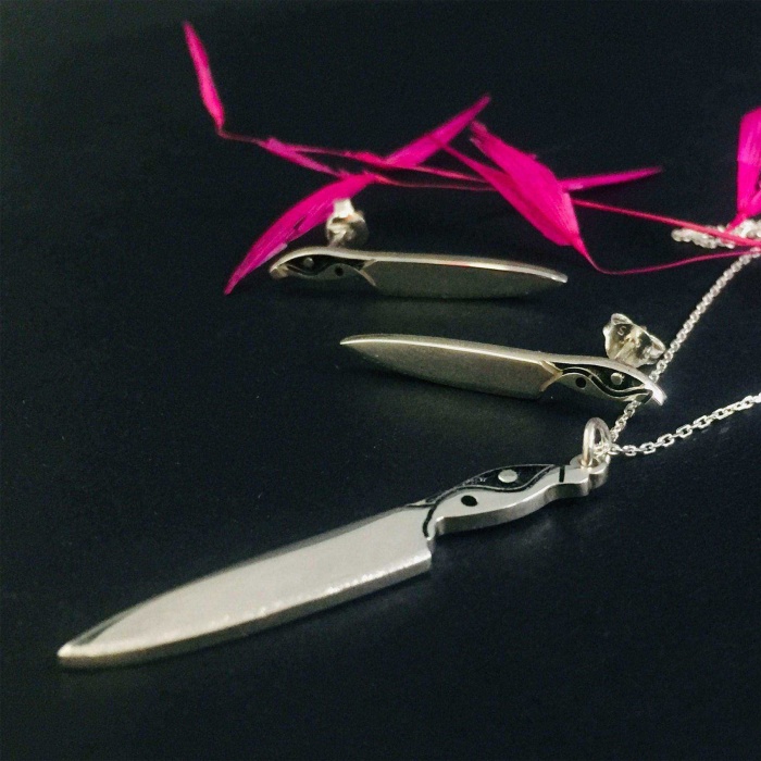 Ying Yang Bıçak Kolye ve Küpe Gümüş Set (BG-SET-005)