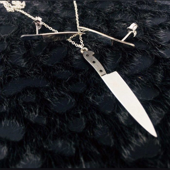 Bıçak Kolye ve Küpe Gümüş Set (BG-SET-018)